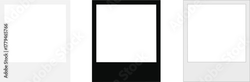 Realistic empty photo card frame, film set. Retro vintage photograph with transparent adhesive tape and paper clip. Digital snapshot image. Template or mockup for design. Vector illustration.