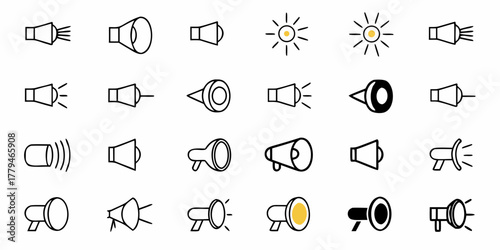 Collection of black outline megaphone and light bulb icons in various styles and orientations