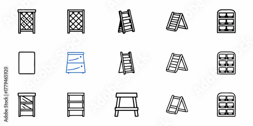 Depiction of various storage and access solutions including shelves and ladders in a simple design