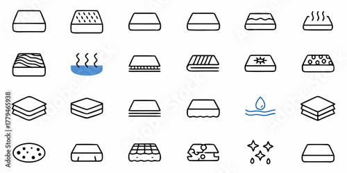 Collection of various mattress types and textures, including memory foam and waterbeds in simple line art