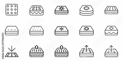 Collection of mattress icons showing different types firmness and features in a simple outline style design