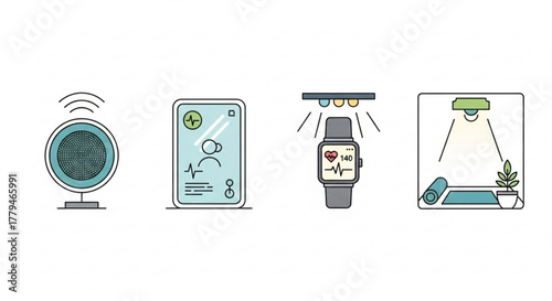 Illustrations depicting smart home devices for health and fitness, including a smart scale, medical record, smartwatch, and yoga space