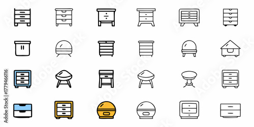 Collection of twenty four furniture icons featuring drawers and stool designs on white background
