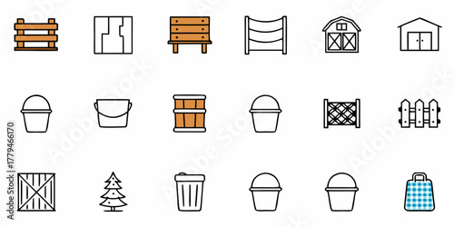 Assortment of farm related icons including crates buckets fences and barns in a vector graphic