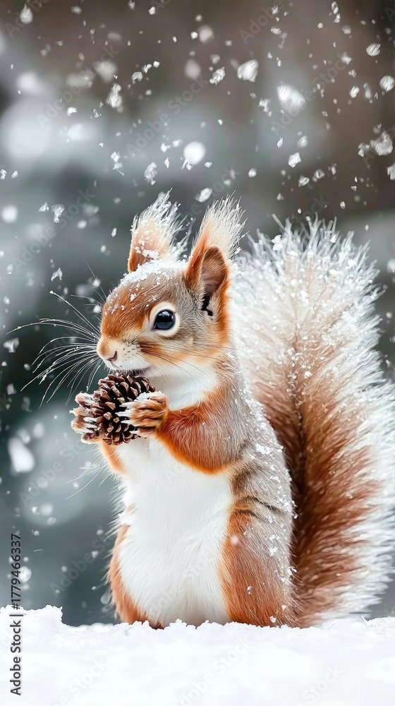 Obraz premium Squirrel holding pine cone in snowy forest during winter snowfall while enjoying a peaceful moment outdoors