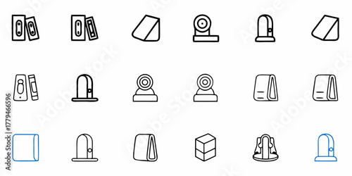 Collection of various line art icons including books webcams doors and folded towels in a grid pattern