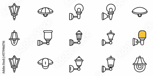Illustration of fifteen different types of outdoor wall lamps and hanging lanterns in a vector format