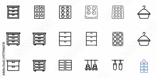 Illustration of various furniture pieces and other household objects in black and white style