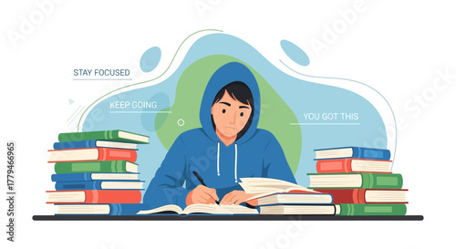 Student Studying Hard, Concentrating On Exam, Surrounded by Books, Learning and Determination