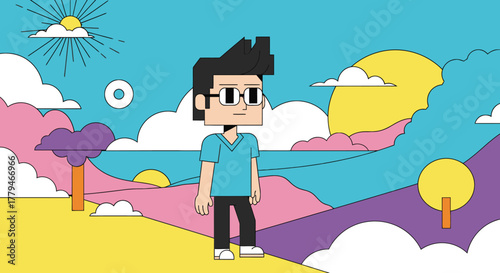 Colorful Landscape with Pixelated Character in the Foreground