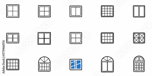Illustration showing a variety of different window styles and designs in a simple outlined format