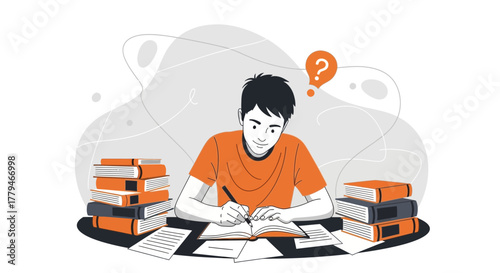 Student Studying With Books and Trying To Find Right Answers And Solution