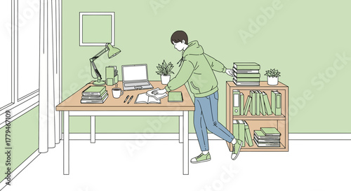 Student's Creative Space Shows Workspace, Books, And A Laptop With A Relaxing Green Interior