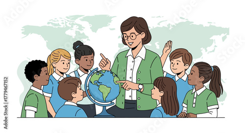 Teacher Educating Children About The World Globe In A Classroom Illustration