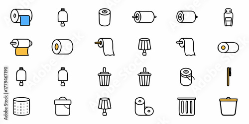 Illustration of bathroom related items including toilet paper bells and trash cans in a grid layout