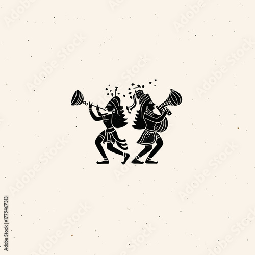 Silhouetted musicians playing wind instruments on textured background