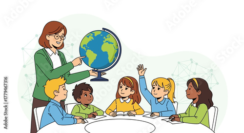 Teacher Educating Young Students About Geography Using A Globe During Class Session