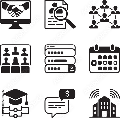 Nine Detailed Virtual Job Fair Icons with Transparent Background online recruitment career fair