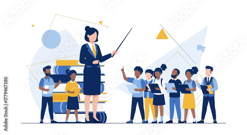 Teacher Instructing Students With Books, Education and Knowledge Concepts Vector Illustration