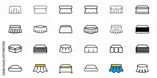 Illustration showing various table skirt designs and table cloth styles in a grid arrangement