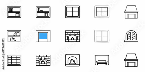 Illustration of various interior design elements including bookshelves windows and fireplaces in black and white
