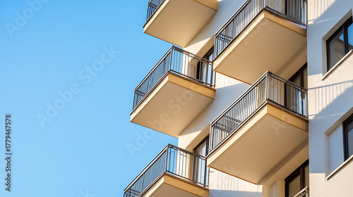 Sunlit balconies jut from a modern building against a clear blue sky. The composition is clean and architectural, highlighting symmetry and design elements in this construction.
