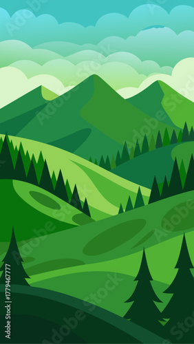 Landscape view of green hills and trees under sky