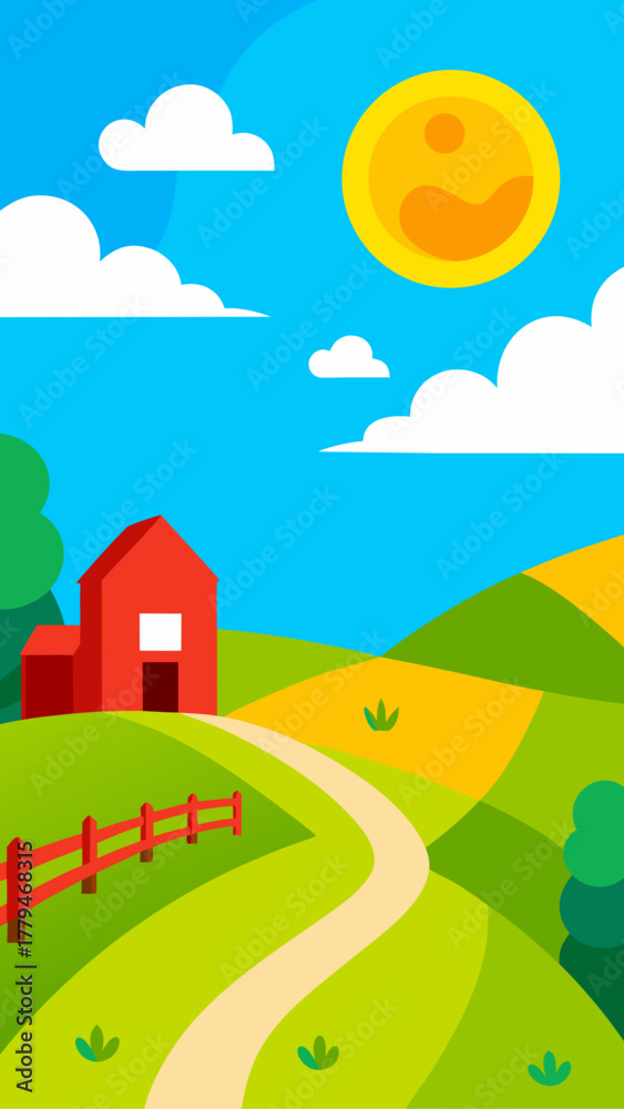 Naklejka premium Cartoon farm landscape with barn and winding path