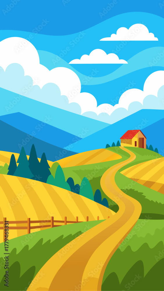 Fototapeta premium Illustration of a countryside landscape with a house