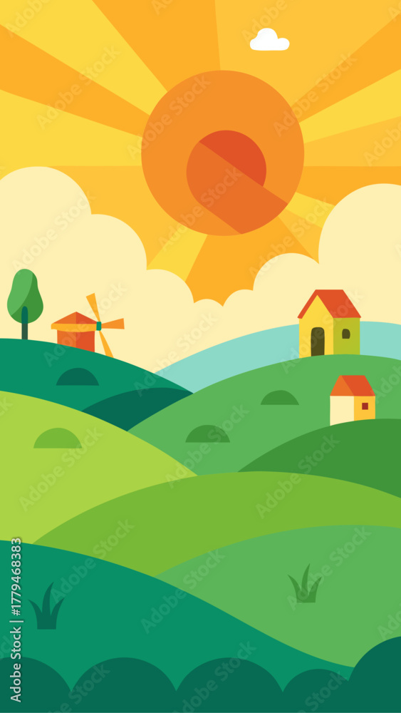 Obraz premium Cartoon landscape with hills and houses under sun