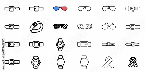 Collection of belts watches sunglasses and ribbons in a neatly arranged grid pattern view here