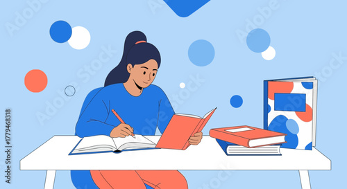 Woman At Desk Pursuing Knowledge And Study, Reading And Writing Effectively