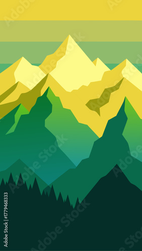 Illustration of mountain range with forest below