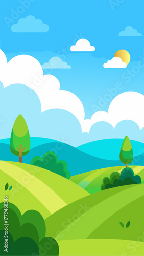 Cartoon landscape with rolling hills and blue sky