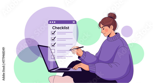 Woman Completing Checklist Online, Using Laptop for Tasks, Modern Graphic Illustration