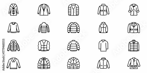 Collection of twenty different outline style jacket and coat illustrations in a grid pattern design
