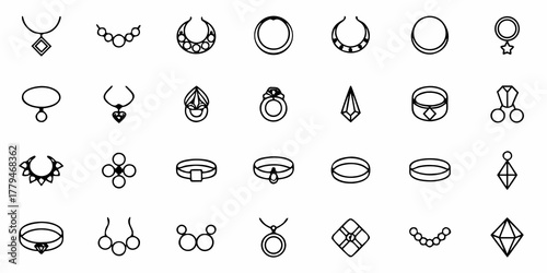 Collection of twenty seven jewelry items including necklaces and rings in black and white style