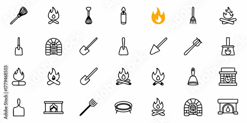 Illustration containing various fireplace related items such as fires, shovels, and fireplace tools