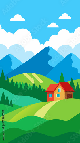Illustration of house landscape with mountains view