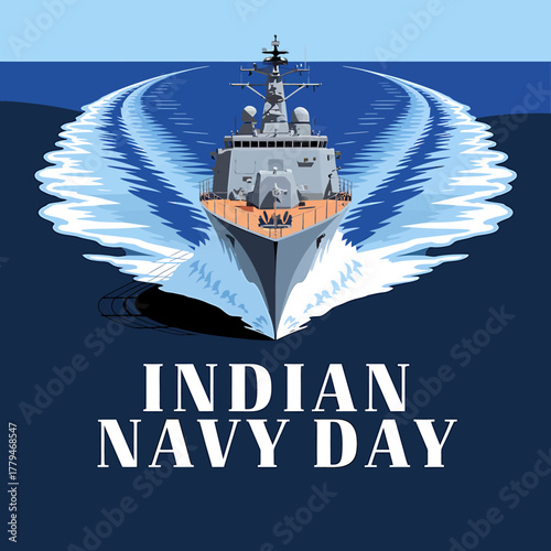 Front view of a modern indian navy warship creating waves as it sails, celebrating indian navy day and showcasing naval might