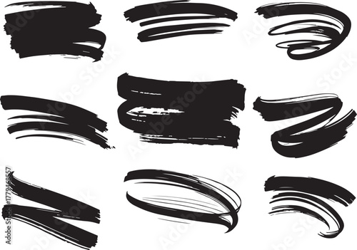 Brush set. Vector black paint brush spots, highlighter lines or felt-tip pen marker. Ink smudge abstract shape stains and smear set with texture	