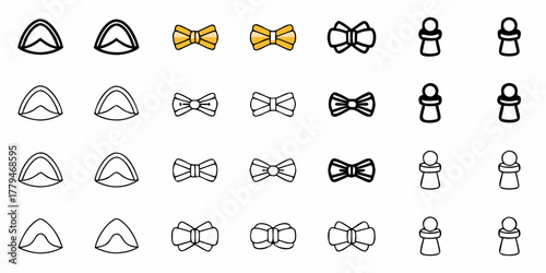 Illustration showing rows of triangles, bowties, and pawn chess pieces in various styles and colors