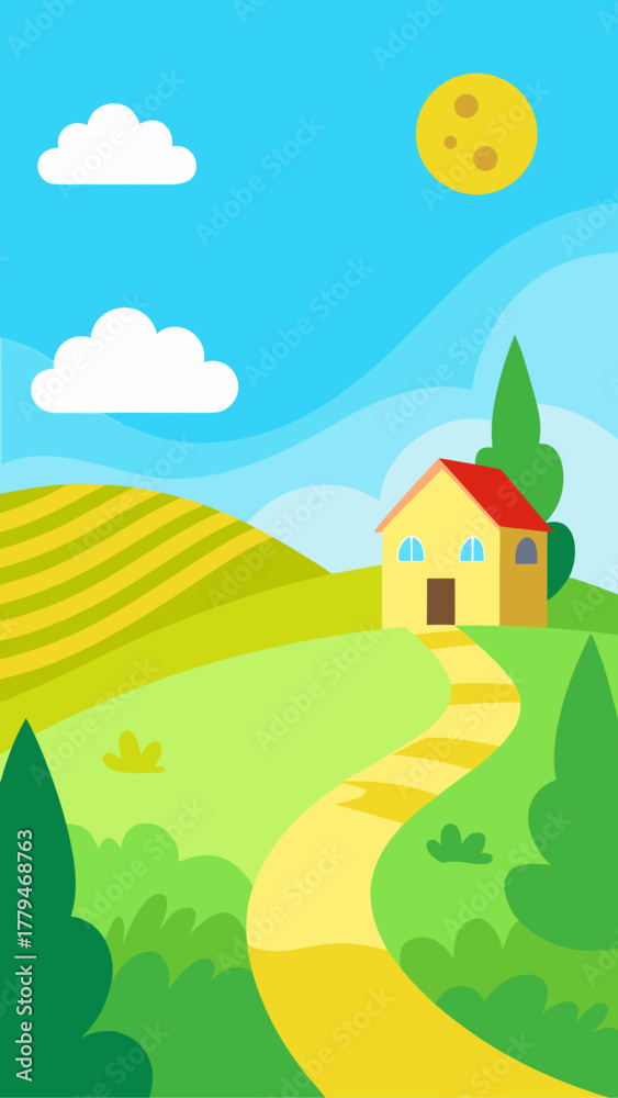 Fototapeta premium Illustration of countryside house with path and moon