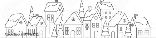 Minimalist winter village scene with snowcovered houses and christmas trees