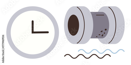 Clock indicating time and a pipe with wavy lines symbolizing flow or process. Ideal for productivity, scheduling, operations, process flow, time efficiency, workflow planning, simple flat metaphor