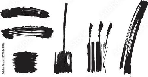 Brush set. Vector black paint brush spots, highlighter lines or felt-tip pen marker. Ink smudge abstract shape stains and smear set with texture	