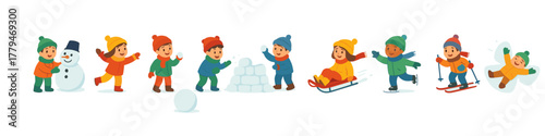 Colorful winter fun: kids playing with snow, sledding, and building a snowman in winter clothes