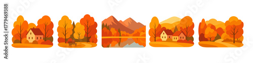 Autumn landscape collection: cozy countryside scenes with vibrant fall colors