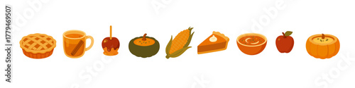 Autumn harvest festival: colorful seasonal foods and fall treats in flat design