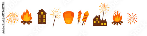 Festive elements: fireworks, lanterns, and bonfires in a charming flat design